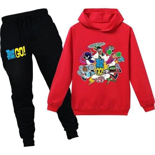 Childrens spring and autumn cartoon Teen Titans GO boys and girls hooded sweater trousers 2-piece suit for 2-16 years old