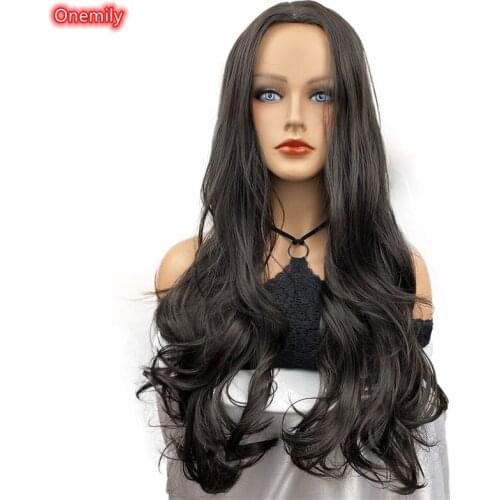 Onemily Dark Brown Wavy Very Long Synthetic Natural Hair Wig Women Body Wave Fashion Daily Wigs