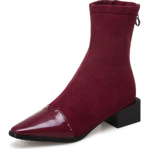Oversized 13 14 15 16 17 Ladies pointy mid-heel breasted ankle boot with simple rider boot back zipper