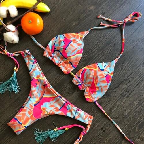 Sexy Women Low Waist Bikini Solid Color Swimwear Floral Print Bathing Suits Split Halter String Beachwear Mujer Thong Biquini
