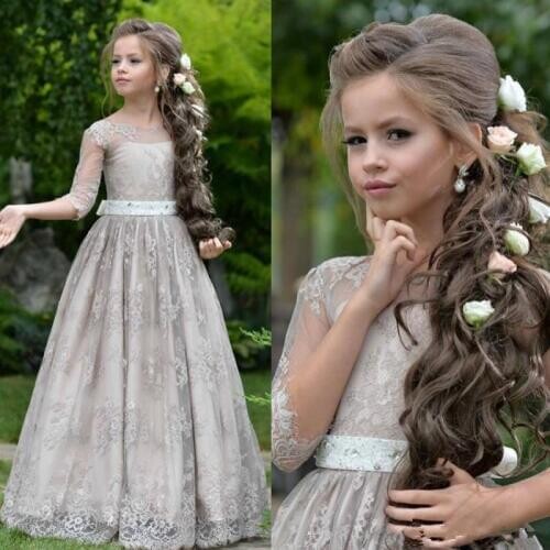 Flower Girls Dresses Jewel Sleeveless Lace Feather Lovely Kids Formal Wear Hollow Back Floor Length Girls Pageant Gowns