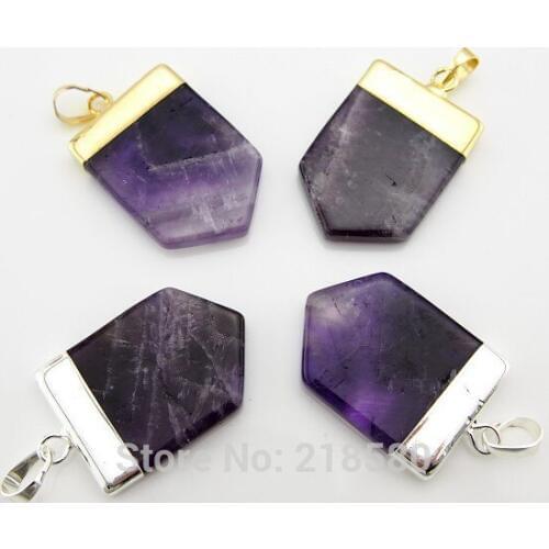 C150120002 Amethysts Point Pendant with Gold Or Silver Electoplated Cap Pentagon Stone Charm