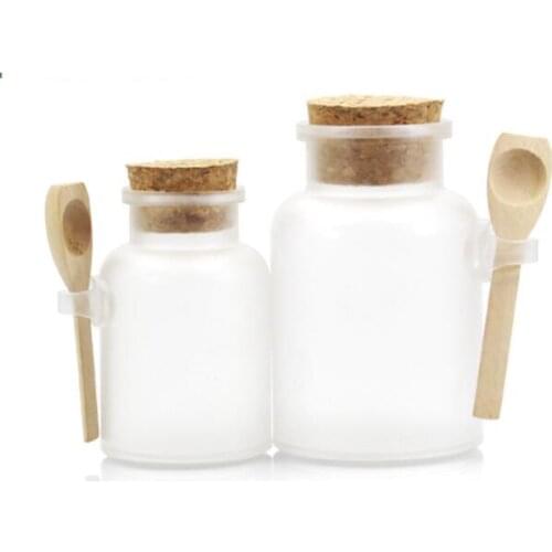 10pcs/lot Empty 100g/200g Powder Plastic Bottle Bath Salt Jar with Wood Cork & Wooden Spoon