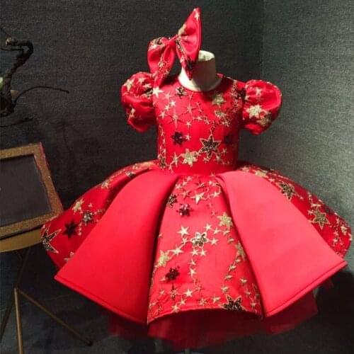 Real Picture Red Baby Girl First Birthday Dress Satin Sequined Knee Length Princess Party Pageant Prom Gown Christmas New year