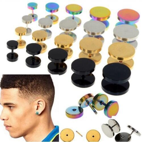 MODRSA 2pcs Black Stainless Steel Earrings 6-12mm Faux Ear Plugs and Tunnels Barbell Tapers Stretcher Earrings Fake Piercing