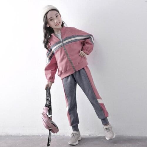 Leisure Big Girls Sportwear 2021 Autumn Winter Coats+Pants Sweatsuits Striped Cardigan jacket Tracksuit Childrens Clothing Sets