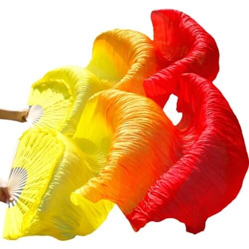 Gradient Color 100% Silk Bamboo Ribs Handmade Dyed Fans Belly Dance Props Long Fans Yellow+Orange+Red 180x90cm Can Be Customized