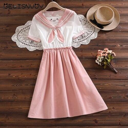 Japanese Womens Kawaii Dress Summer Preppy Style Sailor Collar Bunny Anime Dress Pink Ruffles Cartoon Cute Sweet Girls Vestidos