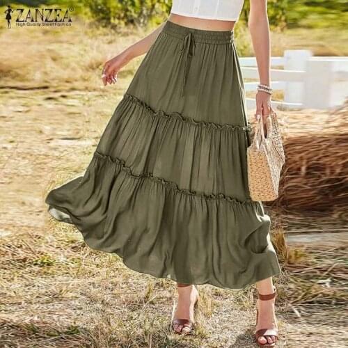 Summer Elastic Waist Solid Party Holiday Skirt ZANZEA Elegant Women Ruffles Long Skirts Vintage A-line Work Jupe Faldas Saia 7