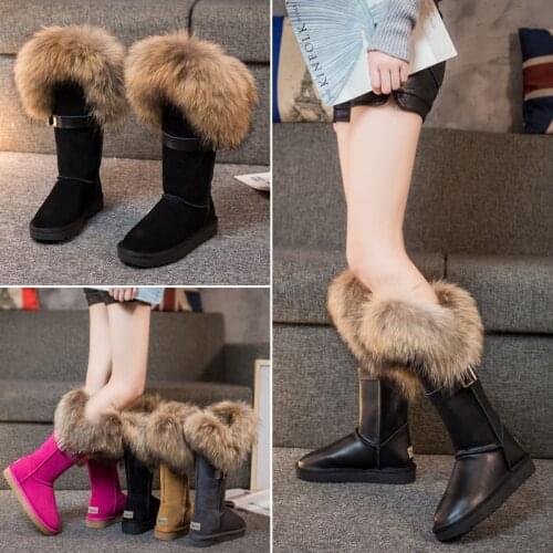 Womens Winter Snow Warm Fur Lining Real Fox Fur Trim Suede Leather Mid Calf Boots Thick 15Colors Hidden Heel Shoes Luxury C871