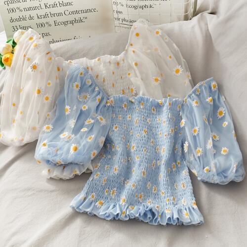 Floral Puff Sleeve Top Square Neck Mesh Top Crop Tops Ruffle Blouse Women 2020 Korean Kawaii Clothes Summer Blouses Vintage Blue