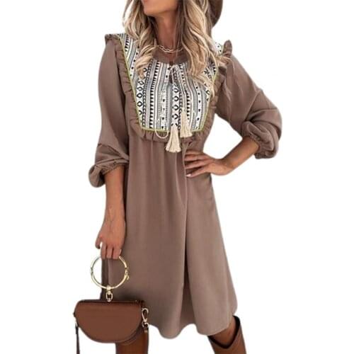 Vintage Pattern Patchwork Shirt Dress Women Lantern Sleeve Large Hem Dress for Beach