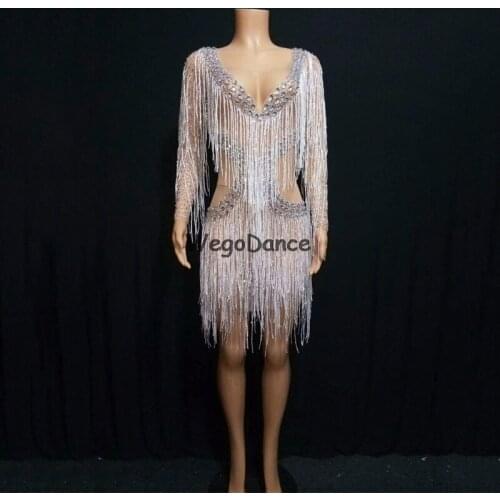 New Women Silver Rhinestones Fringes Dress Prom Evening Bar Singer See Through Mesh Shining Birthday Tassels Dresses
