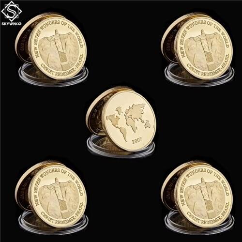 5PCS World Christ Redeemer Gold Souvenir Coin Brazil 2017 New Seven Wonders of The World Token God Coins
