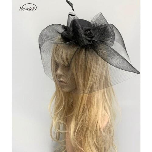 Black Handmade Large Netting Mini Top Cap Church Hat Ladies Day Accessories Bridal Hair Clip