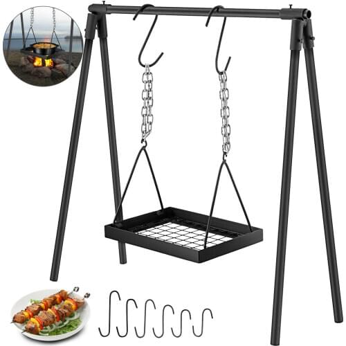 Swing Grill Campfire Cooking Stand Outdoor Picnic Cookware Bonfire Party Equipment,Adjustable Heightwith Hooks, Black