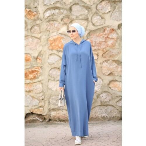 Muslim Woman Fashion أزياء مسلمة Ezmira Hooded Tunic Dress Indigo-ldn-1102 Made in Turkey Turkish Quality