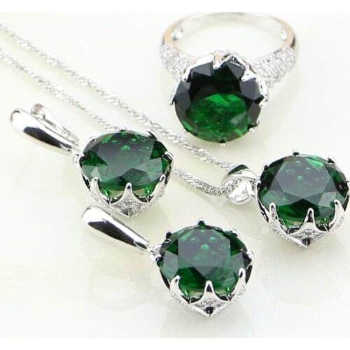 Round Green Cubic Zirconia White Zircon Sterling Silver 925 Bridal Wedding Jewelry Sets Earrings/Pendant/Necklace/Ring For Women
