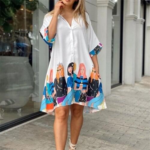 Women Casual Girls Print Turn-Down Collor Loose Shirt Dress Half Sleeve Fashion Ladies Dress Streetwear Buttons Pocket Dresses