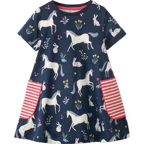 Jumping Meters Girls Dresses Unicorn Printed Summer Princess Dress Kids Dresses Baby Girls Clothes Short Sleeve Tunic Moana