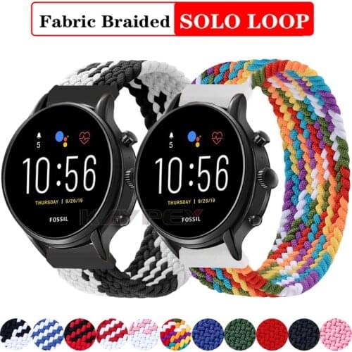22mm Braided Solo Loop strap For Fossil Gen 5 4 Carlyle HR Julianna HR Band for Sport 43mm / Q Explorist HR Nylon Elastic belt