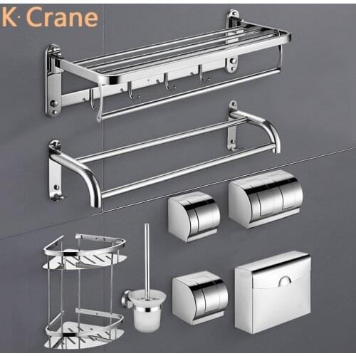SUS304 Stainless Steel Bathroom Accessories Wall Mount Towel Shelf Folding Towels Holder WC Toilet Brush Cup Roll Paper Box Rack