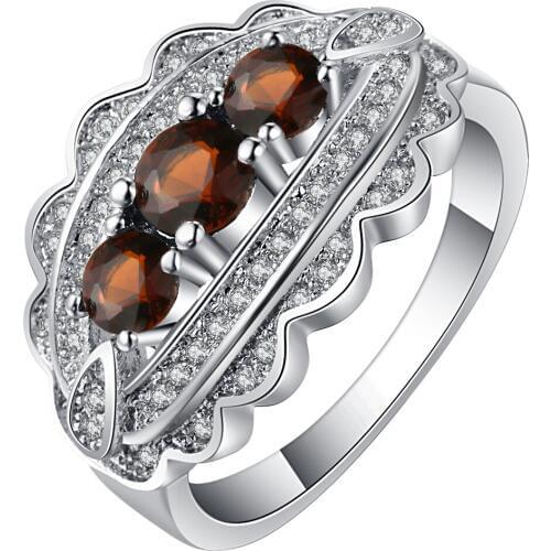 UFOORO Crystal silver color wedding ring for women 3 brown stone with mirco zircon wave lace fashion jewelry female party