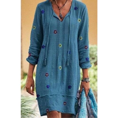 Vintage Boho Dresses Women Summer Flora Printed Plus Size Dresses Lace Up Mid-length Long-sleeve V-neck Dress Белое Платье