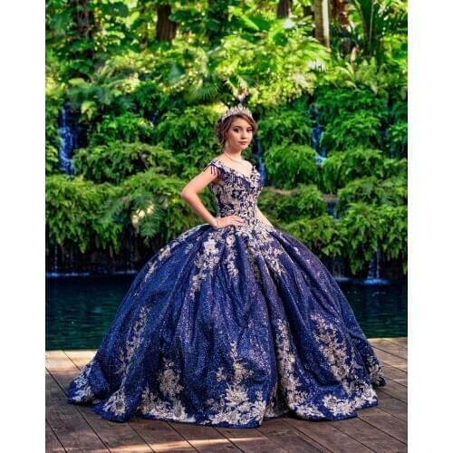Dark Navy Cinderella Sweet 16 Ball Gown Quinceañera Dresses Beaded Off Shoulder Sweetheart Vestido De 15 Anos Quinceanera 2021