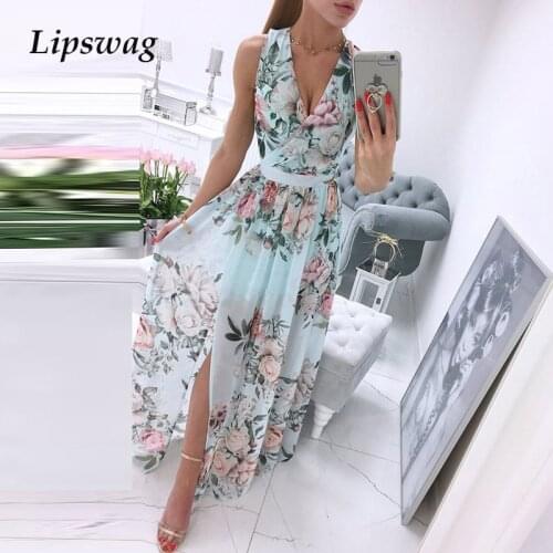 2021 Elegant Floral Print Chiffon Long Dress Women Summer Sexy Deep V-neck Split Party Dress Lady Sleeveless Maxi Beach Dresses