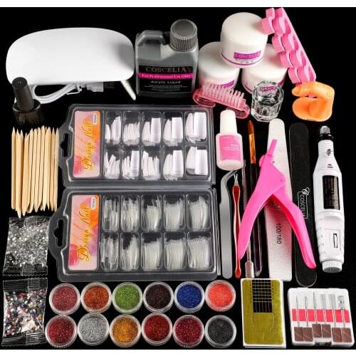 Acrylic Nail Set COSCELIA Acrylic Powder Liquid Nails Glitter Nail Extension Set Lamp Dryer Nail Drill Machine Nail Art Tool Kit