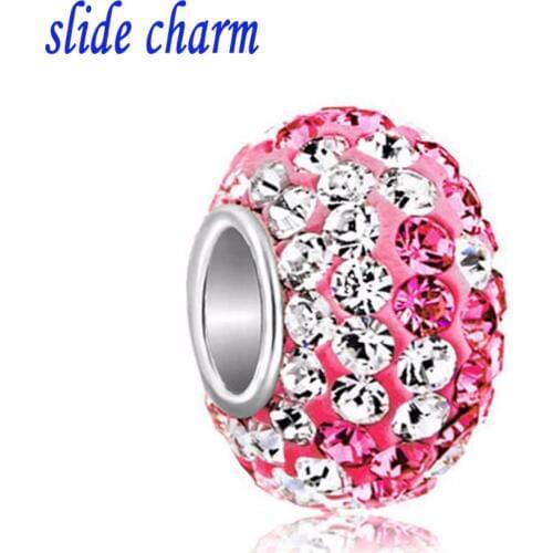 Slide charm Free shipping Valentines Day pink clay amulet white and pink crystal beads fit Pandora charm bracelet