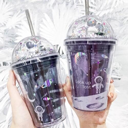 Water Bottle With Straw Plastic Office 380ML Water Cup BPA Free Space Planet Sequined Glitter Cup Coffee Juice Mug Portable Cup
