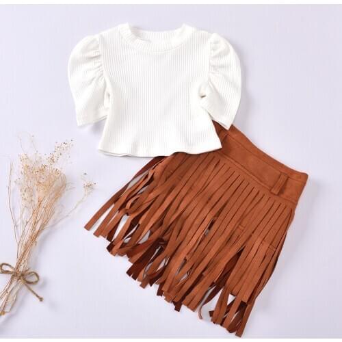 Kids Clothes Girls Hot Selling Childrens Clothing New Solid Color Round Neck Bubble Short Sleeve + Childrens Skirt