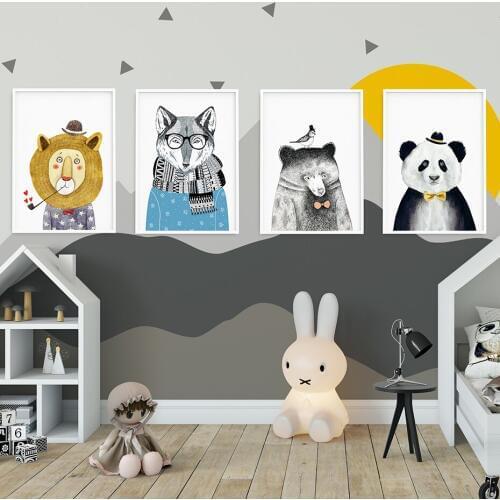 Nordic Style Kids Decoration Cute Lion Panda Bear Wolf Posters and Prints Wall Picture for Living Room Wall Art Canvas Prints