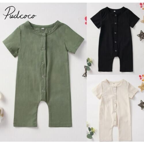 2020 Baby Summer Clothing Newborn Infant Baby Boy Girls Button Romper Solid Jumpsuit Playsuit Short Sleeve Sunsuit Clothes