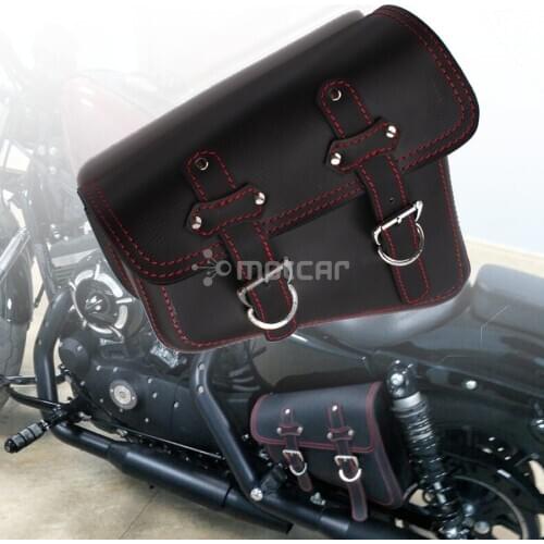 For Harley Sportster XL 883 1pcs New Black PU Leather Red Line Motorcycle Luggage Side Saddle Bags Rider Motorbike Panniers