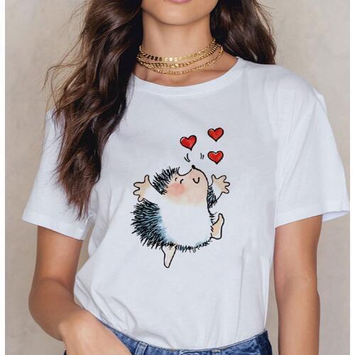 Hedgehog Love T shirt Women vestidos Round Collar Spring Summer Tshirt Harajuku Creative Vintage Top Novel Style T-shirts