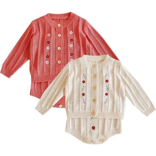 Korean Style Infant Baby Clothes Suit Long Sleeved Knitted Sweater Coat+Romper Autumn Winter Infant Baby Girls Clothing Set