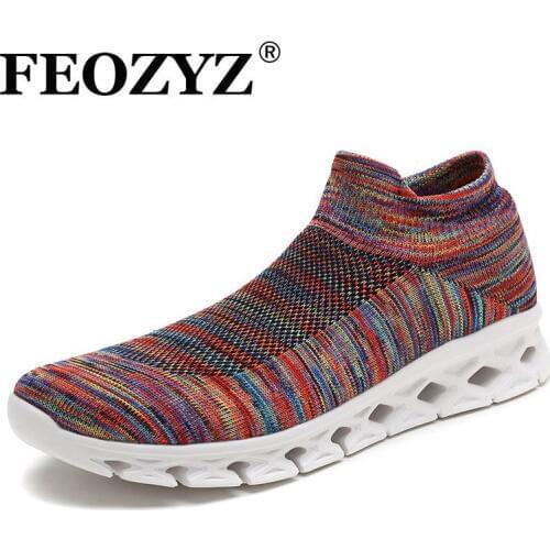 FEOZYZ New Slip On Sneakers Men Knit Vamp Breathable Lightweight Running Shoes Men Shock Absorption Rainbow Sport Shoes