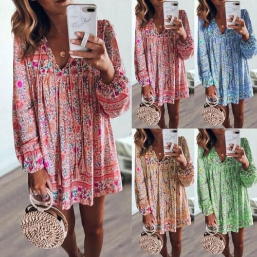 Summer Womens Dresses Printed V-neck Button Long-sleeved Short Dress Small Floral Casual Loose Polyester Dress Plus Size Dress