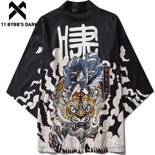 11 BYBBS DARK Fierce Tiger Print Summer Hip Hop Japanese Kimono Jackets Men Loose Streetwear Hip Hop Open Front Coat Kimono Top