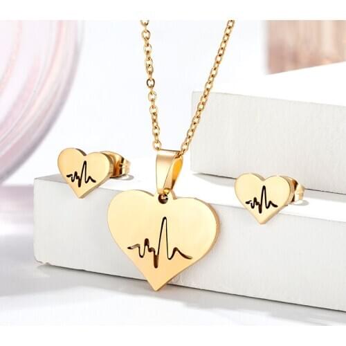 Jewellery set Stainless Steel Clavicle chain Heart ECG Necklace Earrings Women African Bridal Wedding Dubai Jewelry ear ring Hot