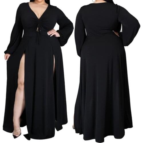 Solid Color Maxi Dress Women V-Neck Shirring Floor-Length Oversized Split Hem Dress Streetwear Plus Size Fashion Women Clothing