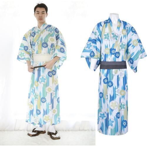 2PCs Pajamas Set for Men Traditional Kimono Robe V-neck Summer Loose Style Breathable Longg Bathing Gown Yukata Sleeewear