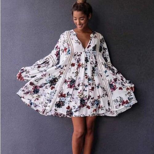 TEELYNN boho dress 2018 vintage Floral print Casual short dresses V-neck lantern long Sleeve loose brand women dress vestidos