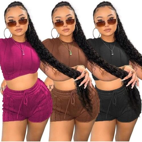 Casual Vertical Strim Solid Short Tracksuit Women Sportswear Fitness O Neck T Short Crop Top + Biker Shorts Slim Two Piece Set