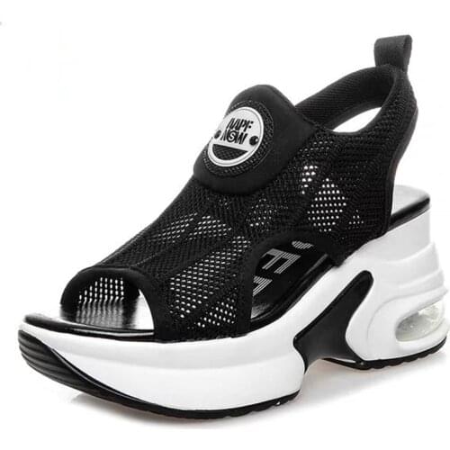 Retro Black Mesh Platform Sandals Korean Style Peep Toe Hollow Out Wedges Heighten Shoes 8cm Summer Non-Slip Air Cushion Shoes