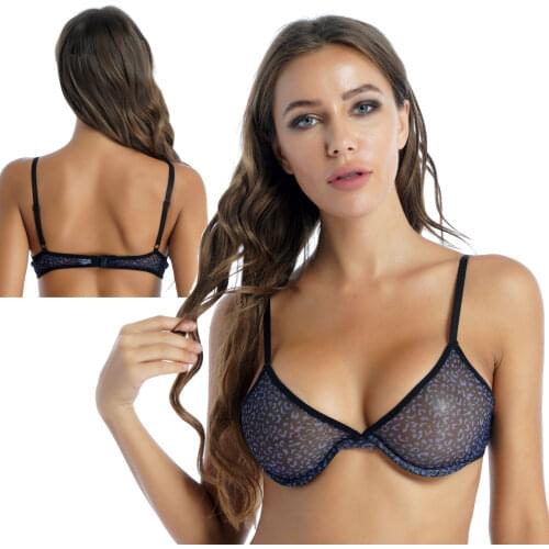 Sexy Transparent Push Up Bra Underwear Lingerie Women Leopard Print See-through Mesh Wireless Adjustable Shoulder Straps Bikini