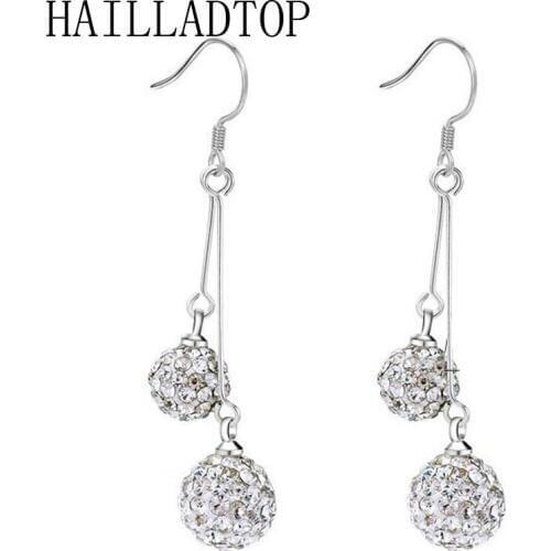 Silver Plated Crystal Double Ball Shambhala Drop Long Earrings Crystal Drop Water Ear Jewelry Elegant Tassel Women Earrings